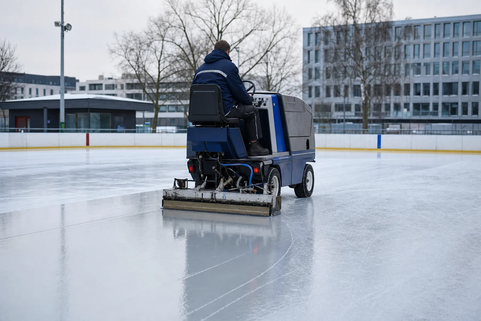 Fachkraft glättet eine öffentliche Eisfläche mit einer Eisbearbeitungsmaschine