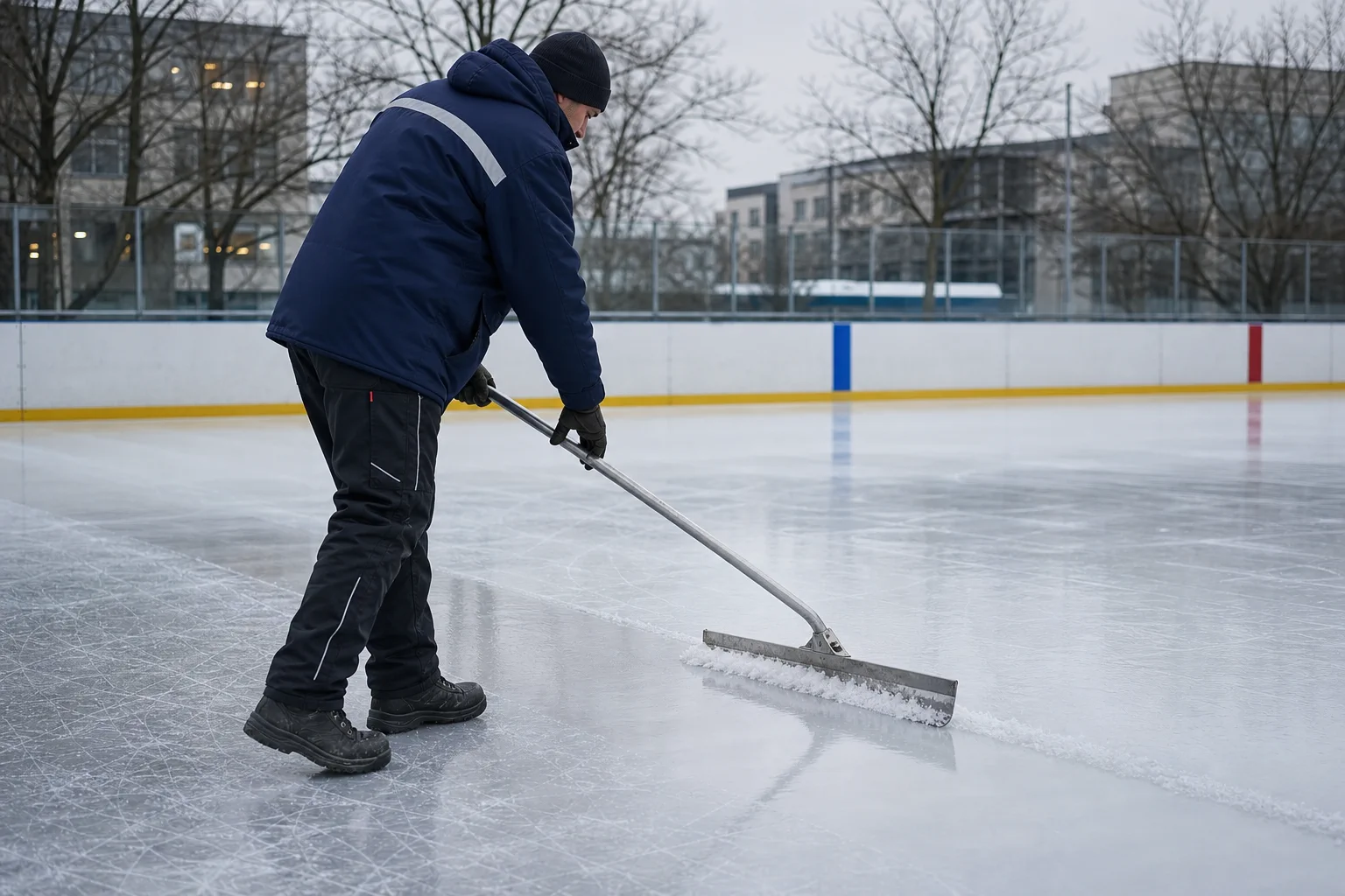 Fachkraft bearbeitet den Rand einer Eisfläche mit einem Eisschaber