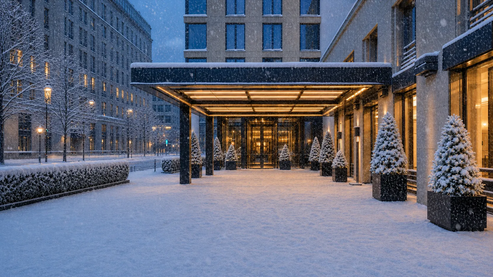 Verschneiter Eingangsbereich eines Gewerbeobjekts