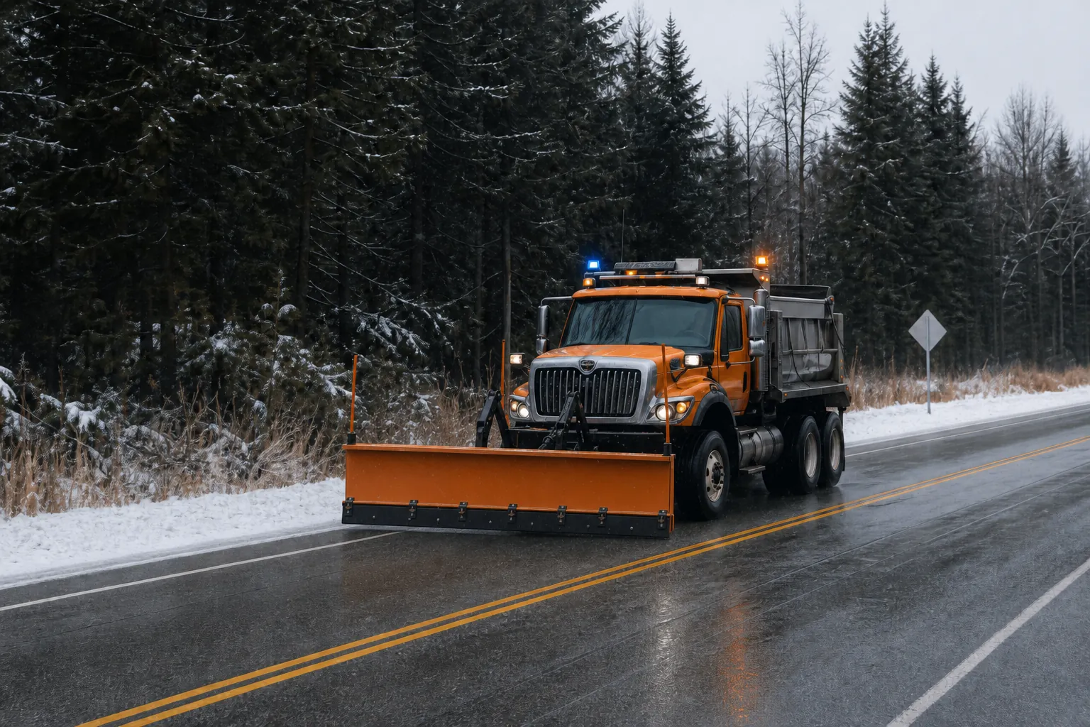 Winterdienstfahrzeug auf geräumter Fahrbahn